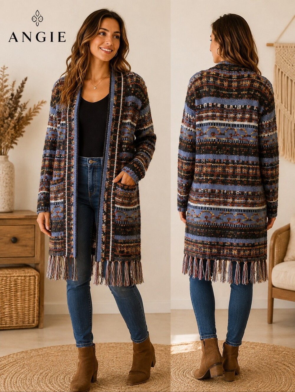 Angie Boho Fringe Open Front Cardigan Multicolor Fair Isle Chunky Knit Size M
